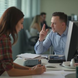 A woman at a desk trying to work while a coworker is talking illustrates how to manage distractions