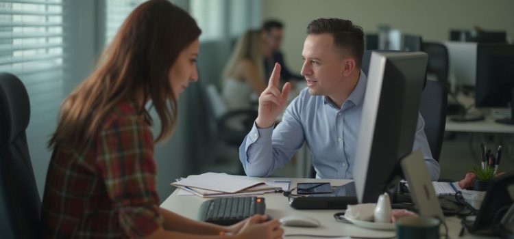 A woman at a desk trying to work while a coworker is talking illustrates how to manage distractions