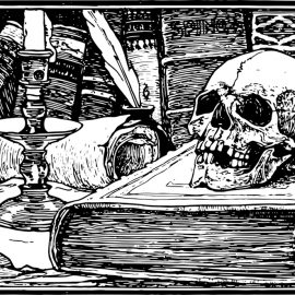 A skull on top of an old book illustrates how to understand Shakespeare