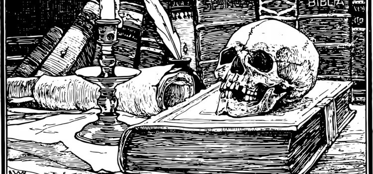 A skull on top of an old book illustrates how to understand Shakespeare