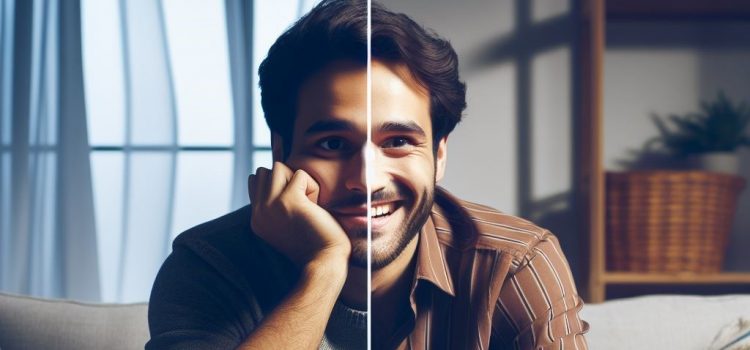 A split image of a man where on one side he's happy and the other side he's sad.