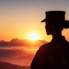A silhouette of a female soldier watching a sunset.