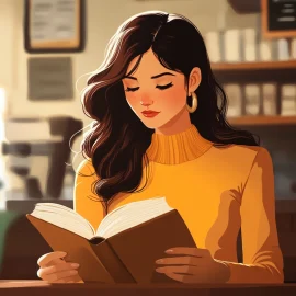 A woman reading a book at a coffee shop