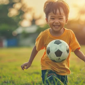 A young boy playing soccer to boost his physical and mental development