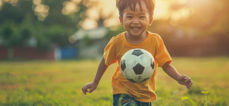 A young boy playing soccer to boost his physical and mental development