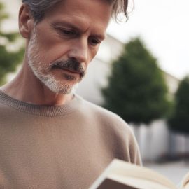 a bearded grey-haired man reads a book outside