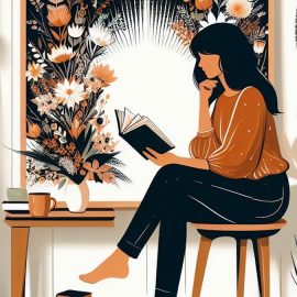 a drawing of a woman sitting by a window and reading a book