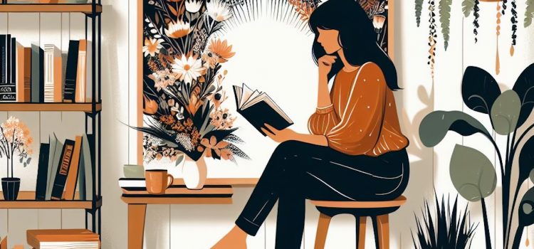 a drawing of a woman sitting by a window and reading a book