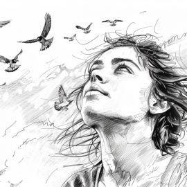 a sketch of a young woman looking up with birds flying overhead illustrates psychological freedom in Auschwitz