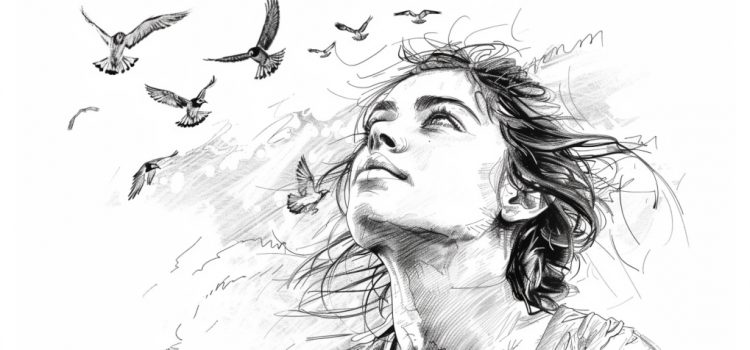 a sketch of a young woman looking up with birds flying overhead illustrates psychological freedom in Auschwitz