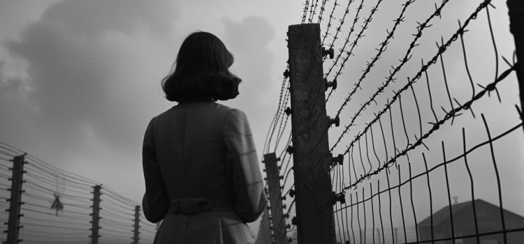 a woman by a tall barbed wire fence in the 1940s illustrates surviving the Holocaust and how to deal with survivor’s guilt