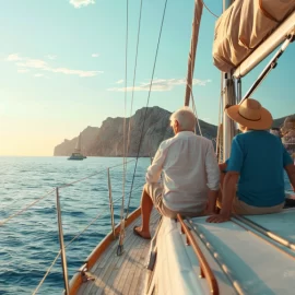 An older couple on a sailboat on the ocean traveling after retirement.