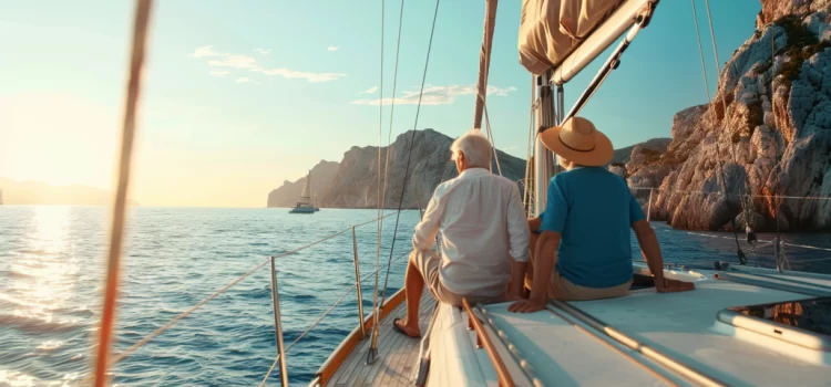 An older couple on a sailboat on the ocean traveling after retirement.