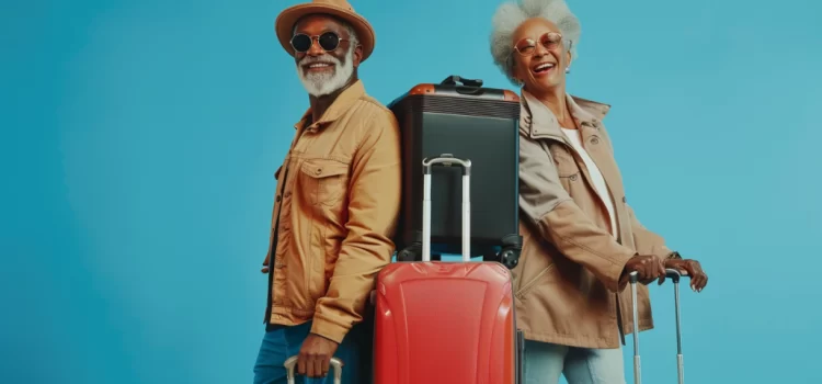 An older couple laughing with a pile of luggage between them on a plain background.