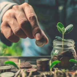 A person planting coins in a mason jar to represent the best investing strategy.