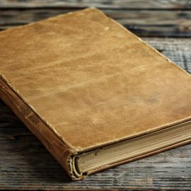 A brown blank book on a wooden table.
