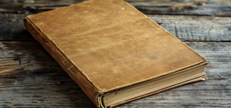 A brown blank book on a wooden table.