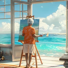 An elderly woman in a beach house painting, showing how to enjoy life after retirement.
