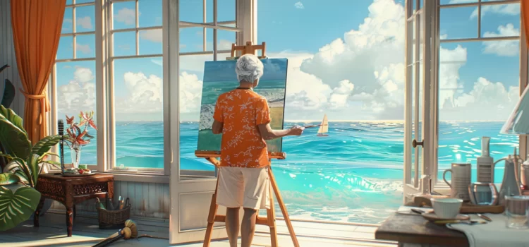 An elderly woman in a beach house painting, showing how to enjoy life after retirement.