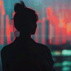 A silhouette of a woman looking at charts and lines as she learns how to find investment opportunities.
