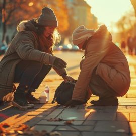 A person who knows how to solve homelessness helps a person on the sidewalk.