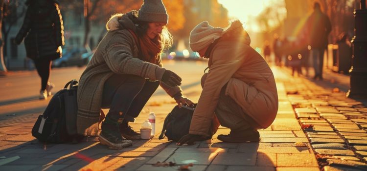 A person who knows how to solve homelessness helps a person on the sidewalk.