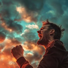 a man who’s blaming God angrily shakes his fist at the sky