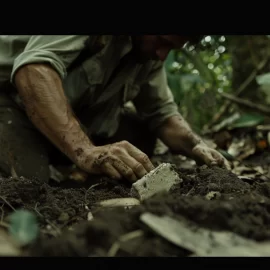 A man digging up stones looking for a lost Amazon civilization.