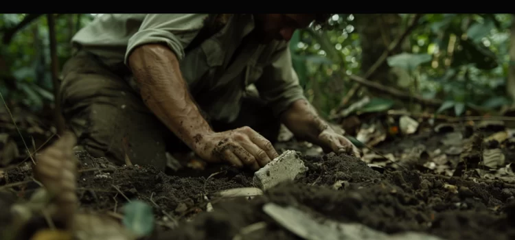 A man digging up stones looking for a lost Amazon civilization.