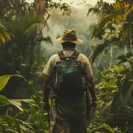 A man alone in the Amazon rainforest wearing explorer clothes.
