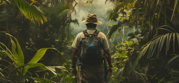 A man alone in the Amazon rainforest wearing explorer clothes.