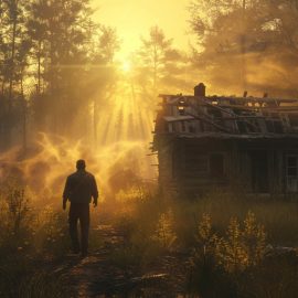 a man walking toward the rising sun and away from a shack in the woods
