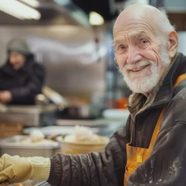 An older man finding purpose in retirement by volunteering in a kitchen