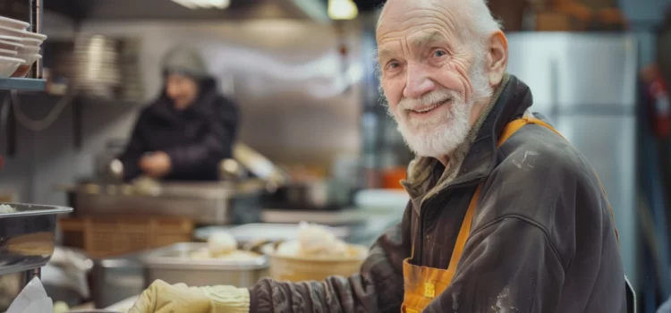 An older man finding purpose in retirement by volunteering in a kitchen