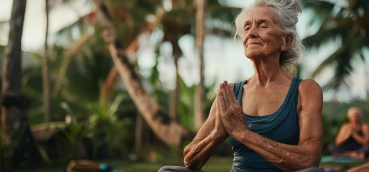 An older woman doing a yoga pose surrounded by palm trees rediscovering herself.