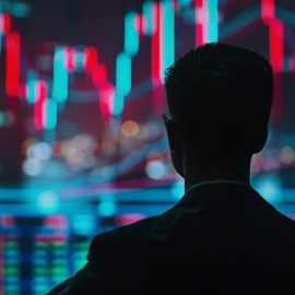 The silhouette of a man looking at lines and charts for investing.