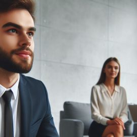 a bearded man in a business suit looks hopeful as two interviewers sit in the background, depicting what to do with a Ph.D.