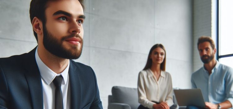 a bearded man in a business suit looks hopeful as two interviewers sit in the background, depicting what to do with a Ph.D.