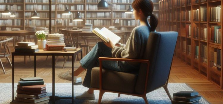 a young woman with a ponytail sits in a chair and reads a book in a library, surrounded by stacks of books