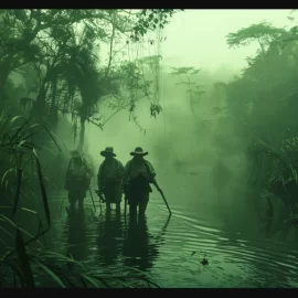 Three explorers wading in water in the jungle.