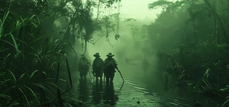 Three explorers wading in water in the jungle.