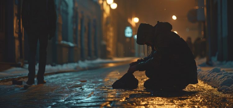 A person sitting on the sidewalk, demonstrating what it is like to be homeless.