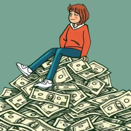 A cartoon of a woman sitting on a pile of money signifying her retirement investment.