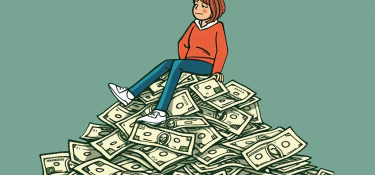 A cartoon of a woman sitting on a pile of money signifying her retirement investment.
