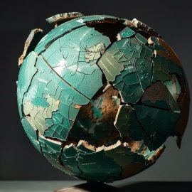 a globe that has been broken in several places depicts how COVID-19 changed the world