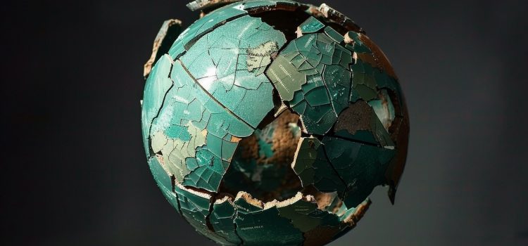 a globe that has been broken in several places depicts how COVID-19 changed the world