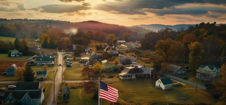 an American flag flies over a small town in the country's heartland with rolling hills and a setting sun in autumn