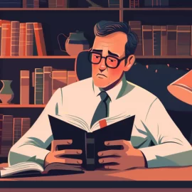A man in a tie with glasses reading a book at a desk, a bookshelf is behind him