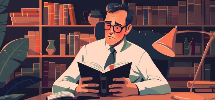 A man in a tie with glasses reading a book at a desk, a bookshelf is behind him