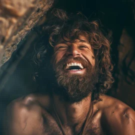 An ancient caveman smiling with great oral hygiene and straight teeth